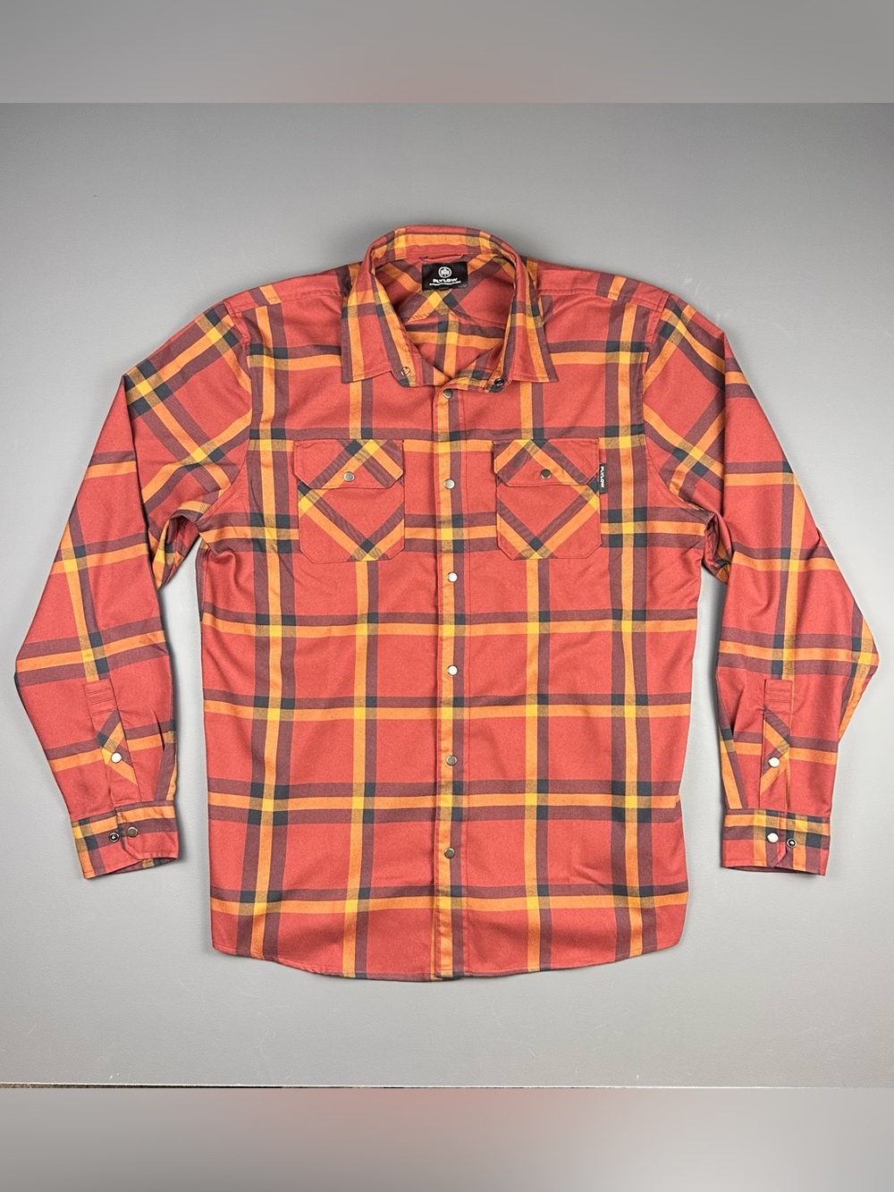 Flylow Handlebar Tech Flannel Shirt XL Redwood Copper Plaid Snap Front